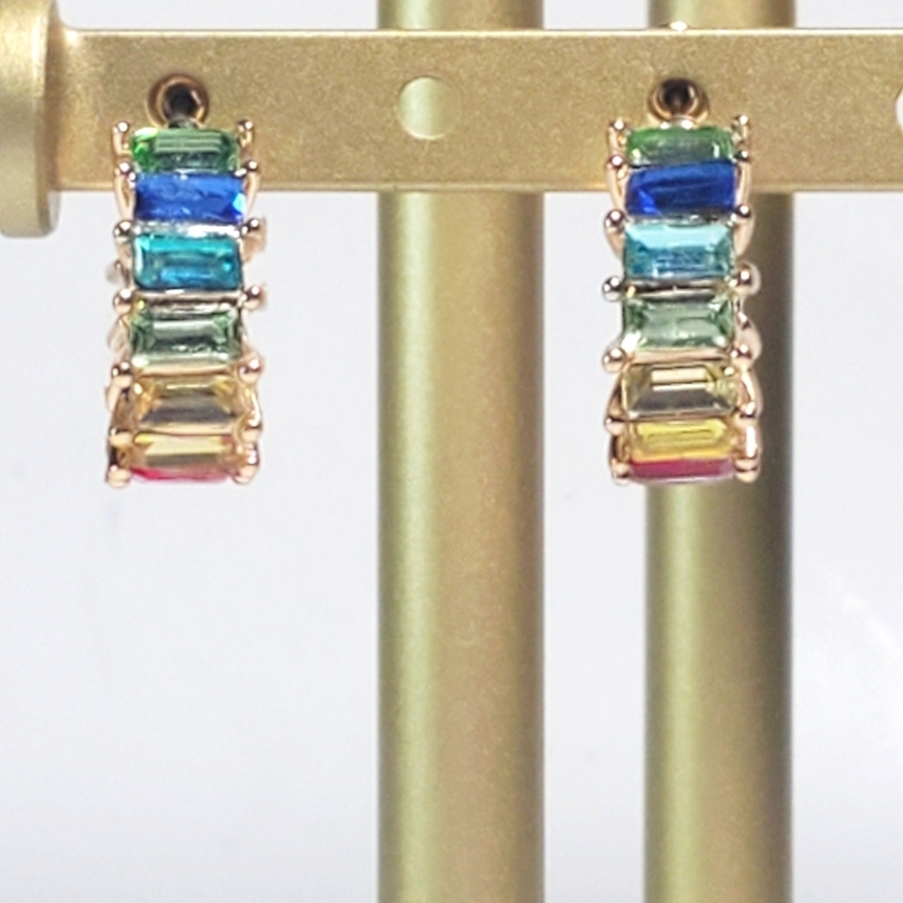 Colorful Rainbow Baguette Hoop Earrings Gold Tone